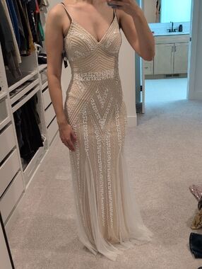 Marina Elegant Beaded Nude Evening Gown